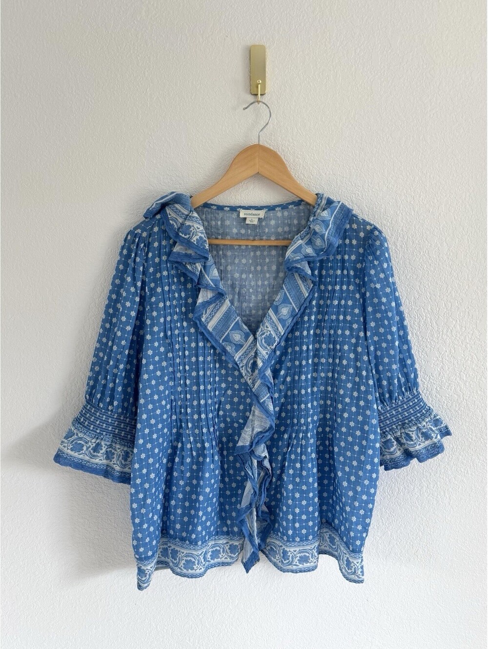 Sundance Catalog Floral Blue “Darcy Ruffle Printed Top” Size Women’s Large